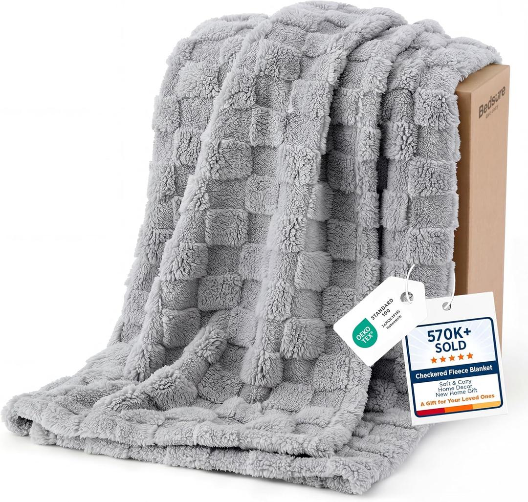 Bedsure GentleSoft Silver Grey Throw Blanket for Couch - Checkered Fleece Blankets Gifts for Kids Girls, Cute Soft Cozy Throw for Bedroom Home Decor Gifts, 50x60 Inches