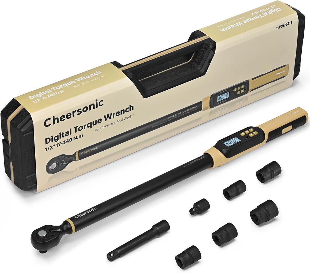 Digital Torque Wrench 1/2 Drive, 12.5-250.7 ftlb (17-340N.m) 1% Accuracy Electronic Torque Wrench with Buzzer and LED Heavy Duty Torque Wrench Set with Socket for Car Repair Trucks large machinery (Desert Tan)