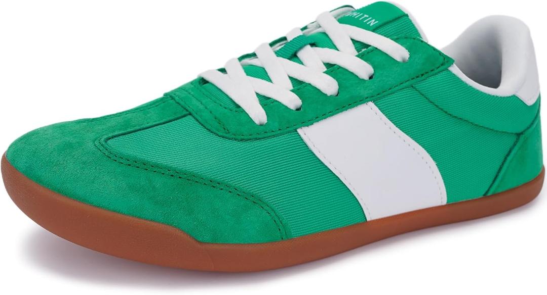 WHITIN Women's Wide Toe Box Barefoot Shoes | Fashion Suede Patchwork Design | Zero Drop Sole (Green Gum),