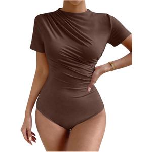 Milumia Women's Casual Ruched Mock Neck T Shirt Short Sleeve Tee Bodysuit Jumpsuit
