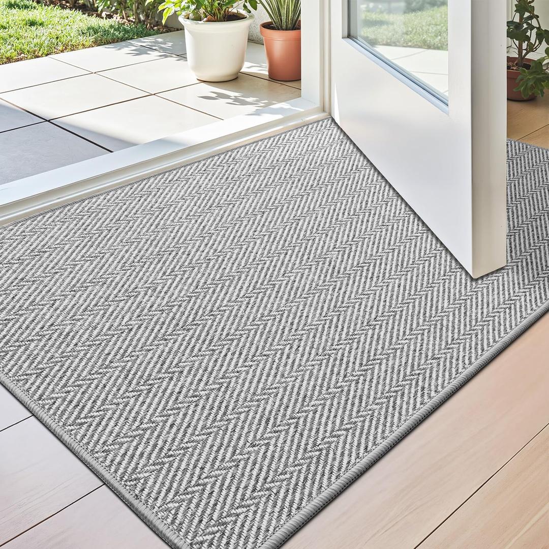 LUMI Ultra Thin Indoor Door Mat for Entrance 17"x30", Non Slip Entryway Mat, Low Profile Doormat, Unique Herringbone Design Carpet for Inside, Patio, Porch, Gray (Grey)