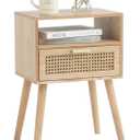 MaxSmeo Modern Nightstand Rattan Side End Table with Storage, for Living Room, Bedroom and Small Spaces, Accent Bedside Farmhouse Tables with Solid Wood Legs, Easy Assembly (Natural Walnut)