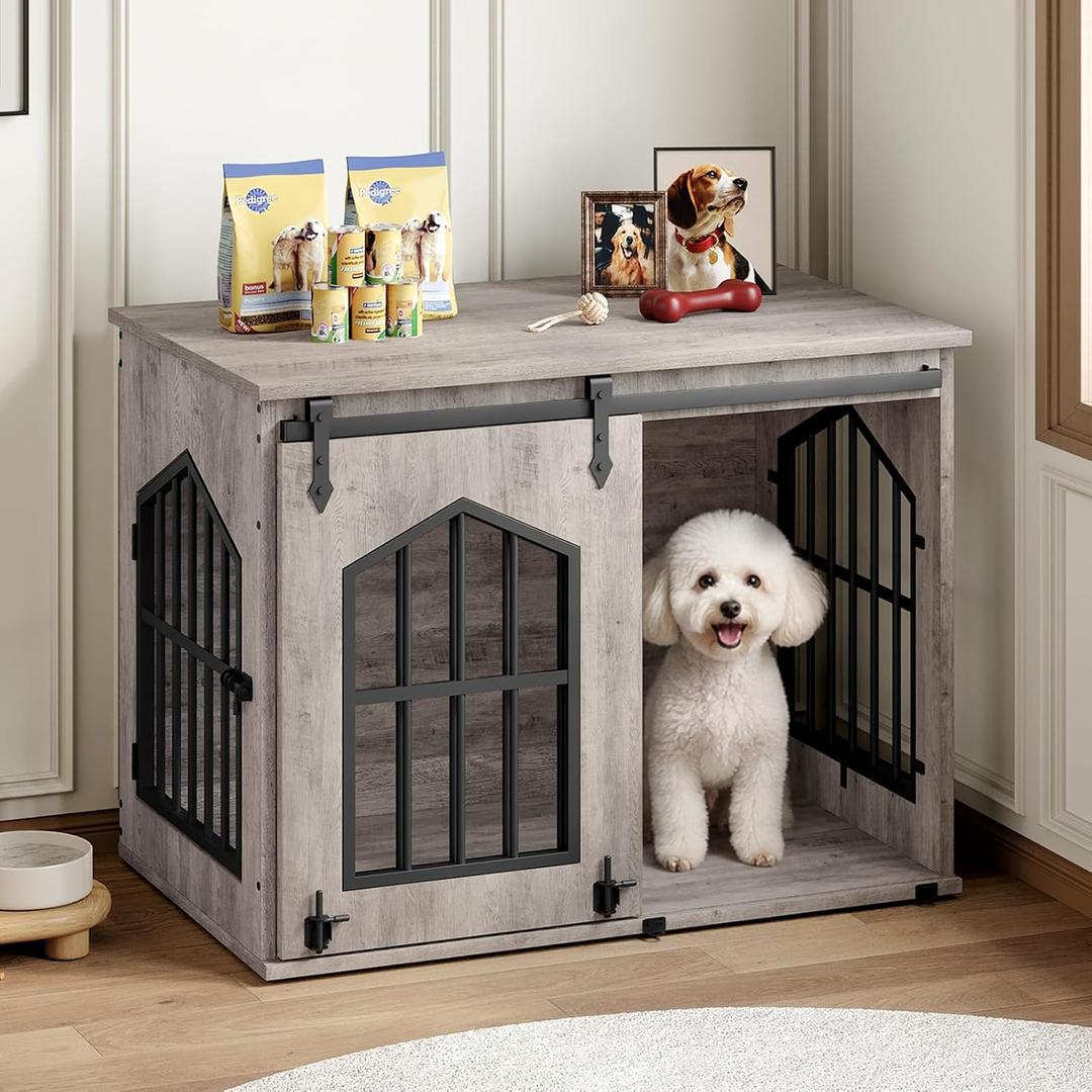 MAHANCRIS Dog Crate Furniture, 31.5" Farmhouse Dog Kennel with Sliding Barn Door, Wooden Dog Cage for Small Medium Dogs, Decorative Pet House Side End Table, Chew-Resistant, Greige DCHG9601