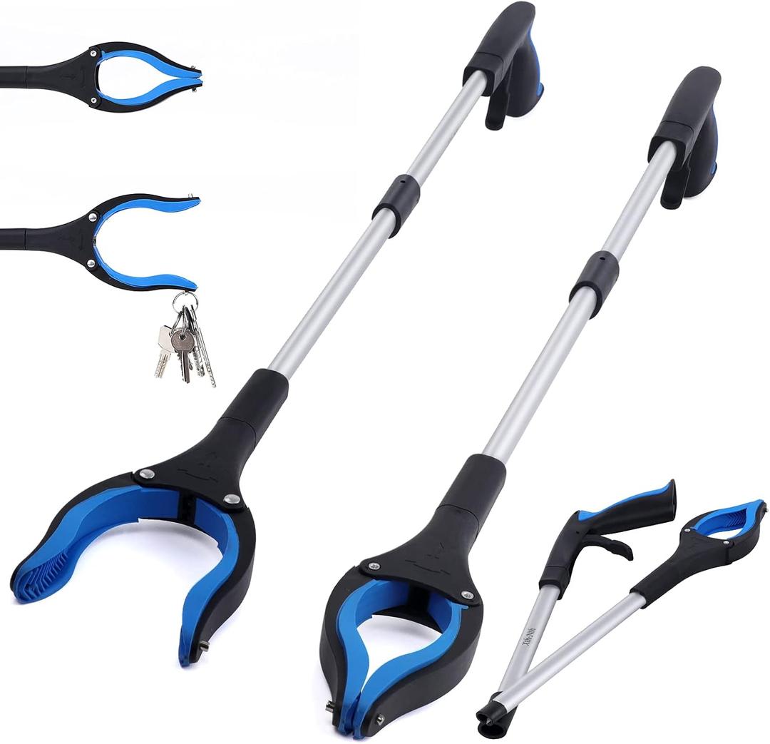 2-Pack Grabber Reacher Tool, 32 Inch Extra Long Steel Foldable Pick Up Stick with Strong Grip Magnetic, 90 Rotating Anti-Slip Jaw, Trash Claw Grabber Tool, Hand Grabber for Reaching, Arm Extension (Blue)