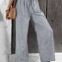 Women's Teacher Outfits Casual Pants Trendy Flowy Wide Leg Pull On Elastic Waist Long Beach Lounge (Gray, L)
