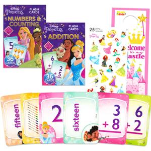 Disney Princess Flash Cards Set Toddler Kids - Bundle with 72 Math Flashcards Featuring Numbers for Pre-K Boys, Girls Plus Stickers, More | Disney Princess Learning Toys