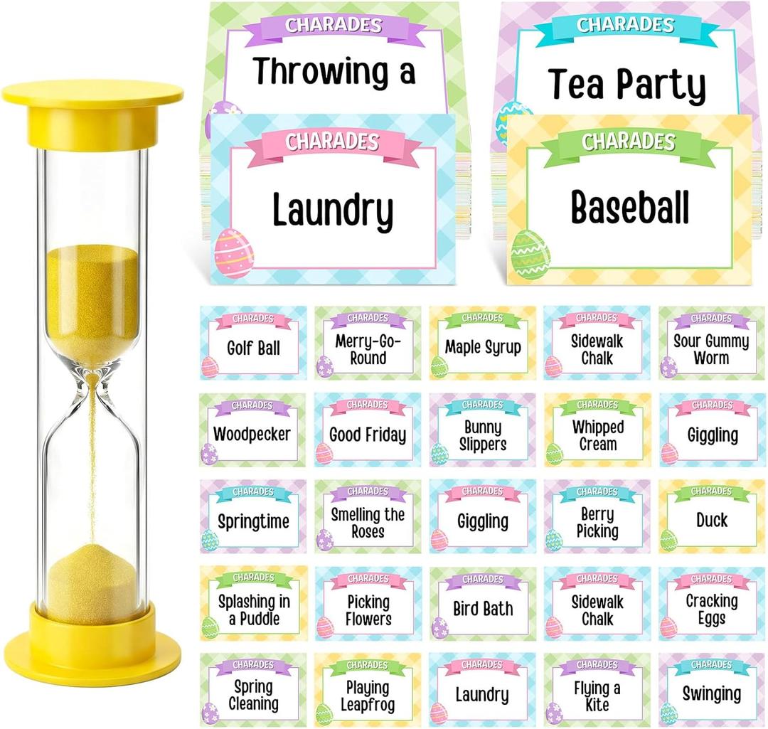 Jenaai Easter Game Charades Family Game Cards for Holiday Night, Charades Cards and Plastic Sand Time for Holiday Easter Scavenger Hunt Party Adult