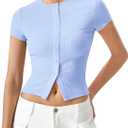 QINSEN Women's Crewneck Short Sleeve T Shirts Ribbed Button Going Out Trendy Tops (Blue, S)