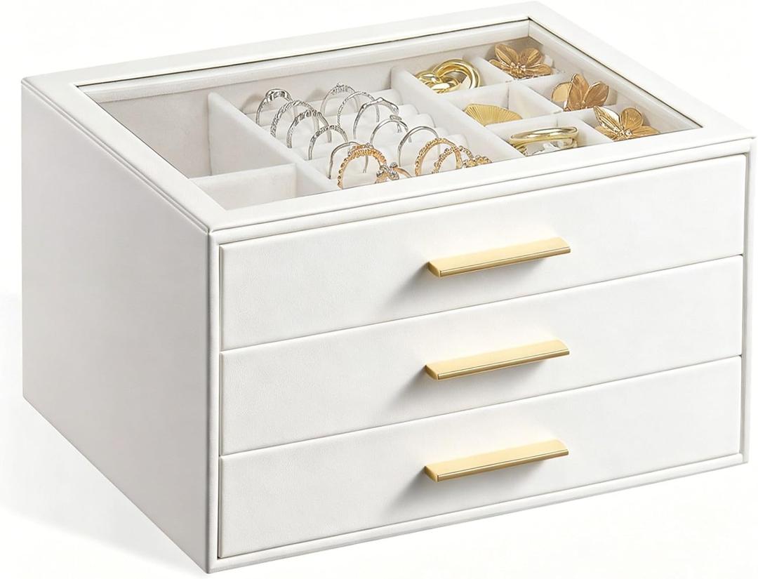 GUOER Jewelry Box for Women, Glass Lid Jewelry Organizer with 3 Drawers PU Jewelry Storage Case for Necklaces Rings Earrings Bracelets, Mother's Day, White