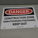 NMC D493RB OSHA Sign, Legend "DANGER - CONSTRUCTION ZONE UNAUTHORIZED PERSONNEL KEEP OUT", 14" Length x 10" Height, Rigid Plastic, Black on White