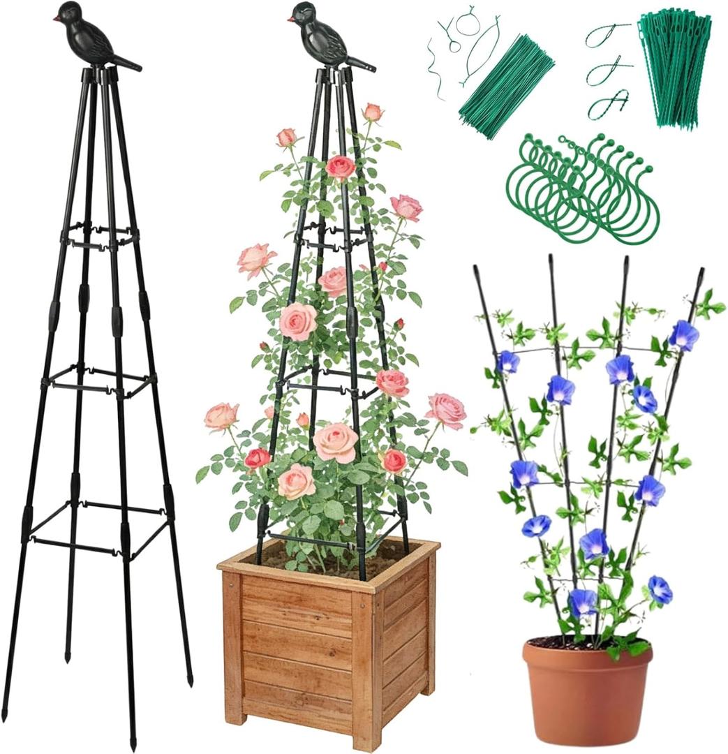 Garden Trellis for Climbing Plants Outdoor - Rustproof Plastic Coated Steel Core Tower Obelisk Trellis - Metal Teepee Trellis Vertical Plant Support for Vines Vegetables Flowers Indoor (Black - 1 Pack)