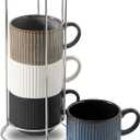 Ceramic Coffee Mugs with Stand,15 Ounce Stackable Coffee Cups Set of 4 for Latte,Cappuccino,Mocha,Cocoa,Ribbed Vintage Coffee Cups for Men Women,Dishwasher & Microwave Safe,Striped Multicolor