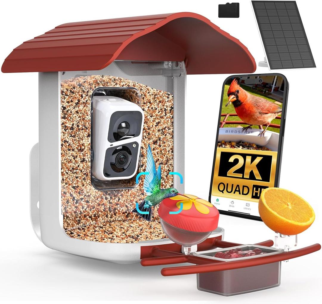 birdsnap PAV-Bird Feeder with Camera,2K HD with 64GB Card, AI Identify Smart Bird House Cam Solar Panel,Live Stream,Motion Detection,Auto Record Video for Backyard Outdoors,Ideal Gift for Bird Lover (Red)