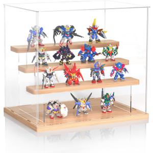 Display Case, innoAura Acrylic Display Case Box with Sticker, 4 Tier Wood Base Display Cases for Collectibles, Action Figure Display Case for Doll Toy Mini Figure (11.8x8.7x11 inch)