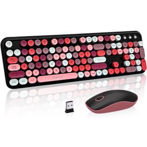 Keyboard and Mouse Wireless,Cute Retro Wireless Keyboard Mouse Combo with Round Key,2.4Ghz Dropout-Free Connection,Typewriter Wireless Keyboard Mouse Set for PC Laptop Desktop Computer-Black Colorful