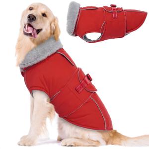 Lelepet Warm Dog Coat Waterproof Dog Jacket Reflective Fleece Vest with Adjustable Buckle Hook & Loop, Windproof Winter Jacket Dogs Coats for Small Medium Large Dogs, Red, XL
