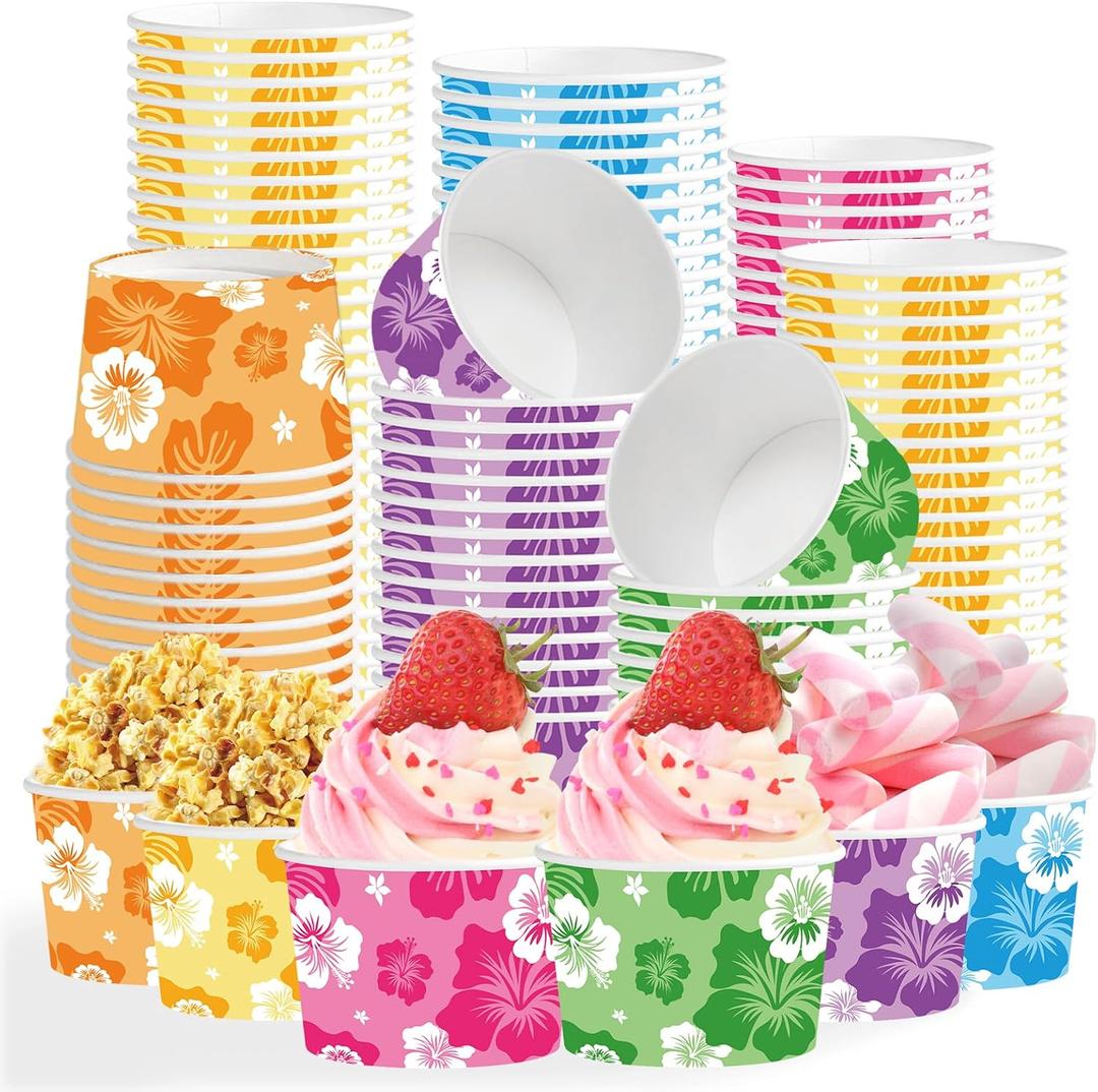 120 Pcs Summer Hibiscus Ice Cream Cups 12 oz Disposable Hawaiian Paper Dessert Snack Bowls Hibiscus Food Yogurt Cup Containers for Hot or Cold Food Soup Candies Summer Beach Birthday Party Supplies