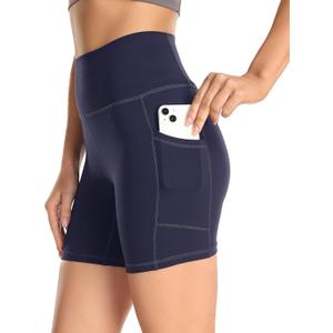 YUNOGA Womens High Waist Biker Shorts with Pockets 6"/8" Yoga Shorts Gym Workout Running Spandex Shorts (Blue, XS)