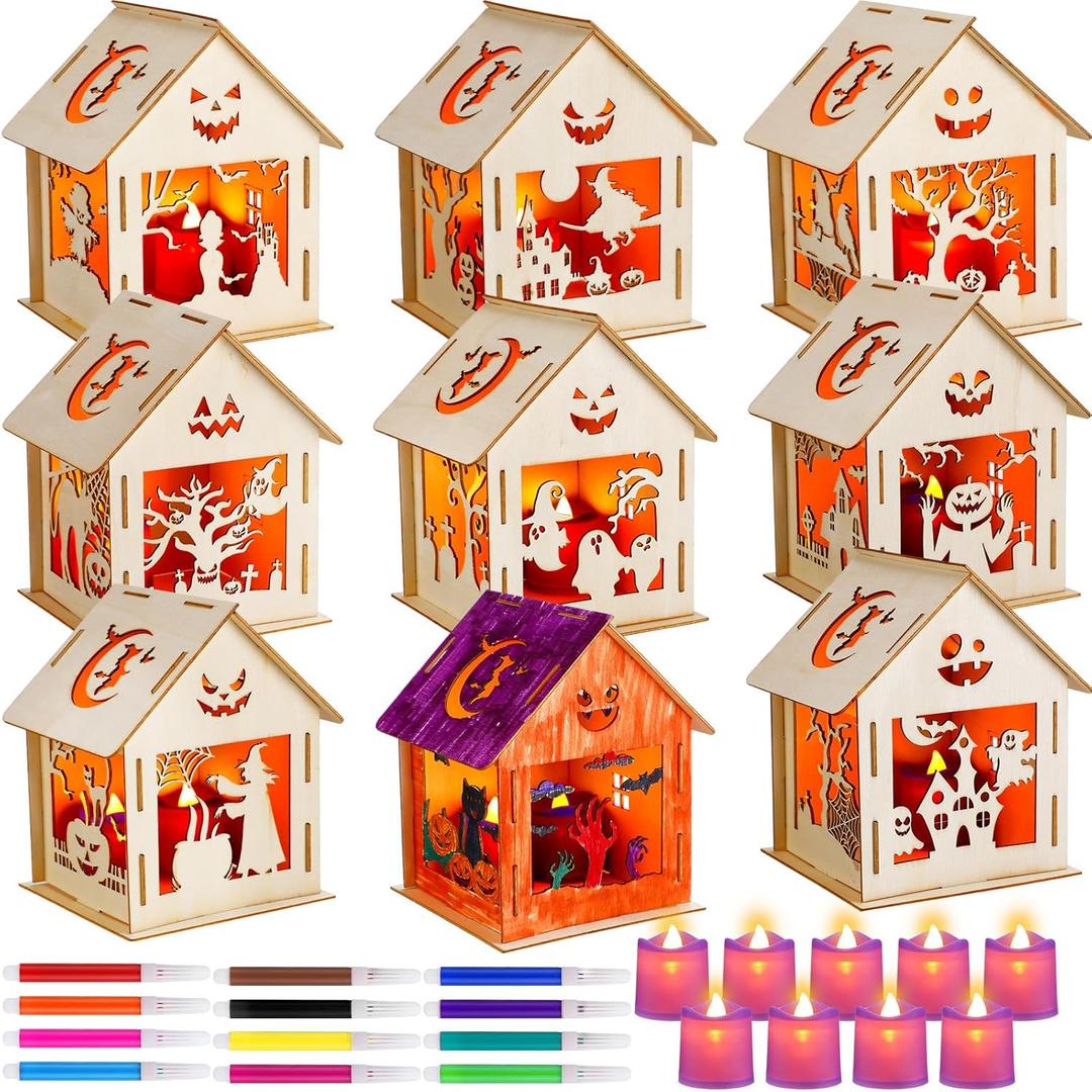 Wettarn 9 Set Halloween Craft Wooden House for Kids - Make Your Own Lighted Haunted House DIY Art Kit - Party Favors, Decoration, Classroom Projects