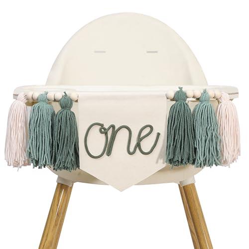 One Birthday High Chair Banner - Little One 1st Birthday Party Decorations,First Bday Green Tassel Garland,Happy Cake Smash Hanging Banner,Photo Props for Highchair (Green)