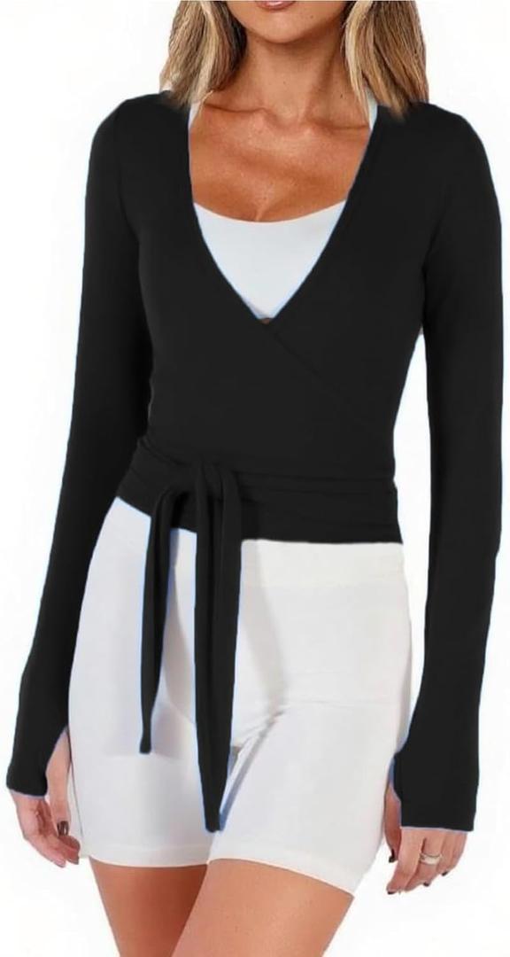 Women Crop Wrap Top Thumb Hole Long Sleeve Active Self Tie Workout Shirt Ballet Pilates Yoga Wrap Tops (Black, Small)
