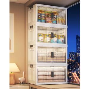 OlarHike 76QT Lockable Storage Bins with Lids - Folding Storage Box with Doors and Wheels, Collapsible Plastic Storage Bins for Closets, Office, Stackable Organizer, Containers, 4 Pack Cubes