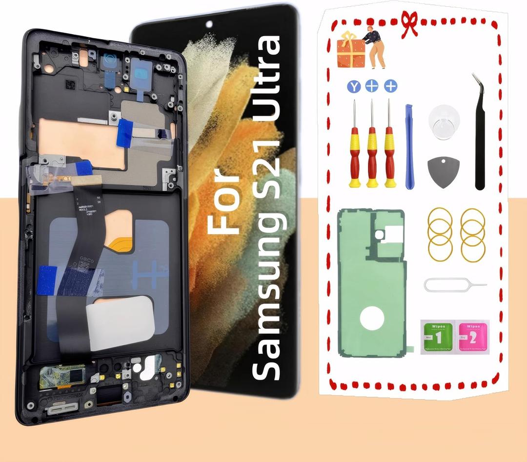 TFT for Samsung Galaxy S21 Ultra 5G Screen Replacement for Samsung S21 Ultra LCD Touch Digitizer Screen Assembly with Frame Toolkits G998U G998A G998B No Fingerprint Black (Black)
