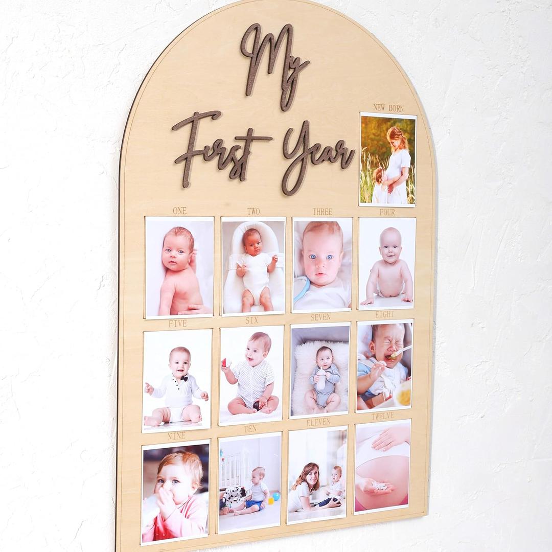 One Year Wood Photo Board - My First Year Month Milestone Board, Girl/Boy 1st Birthday Decorations, 12 Months Banner, Brown  One Year Wood Photo Board - My First Year Month Milestone Board, Girl/Boy 1st Birthday Decorations, 12 Months Banner, Brown