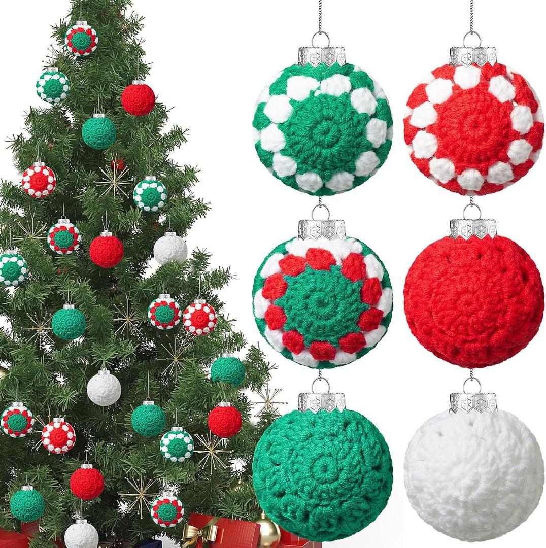 Suncalla 12 Pcs Christmas Balls Ornaments Crochet Ornaments 2.36 inches Knitted Xmas Balls Red and Green Handmade Crochet Hanging Tree Decor for Holiday Party Decoration