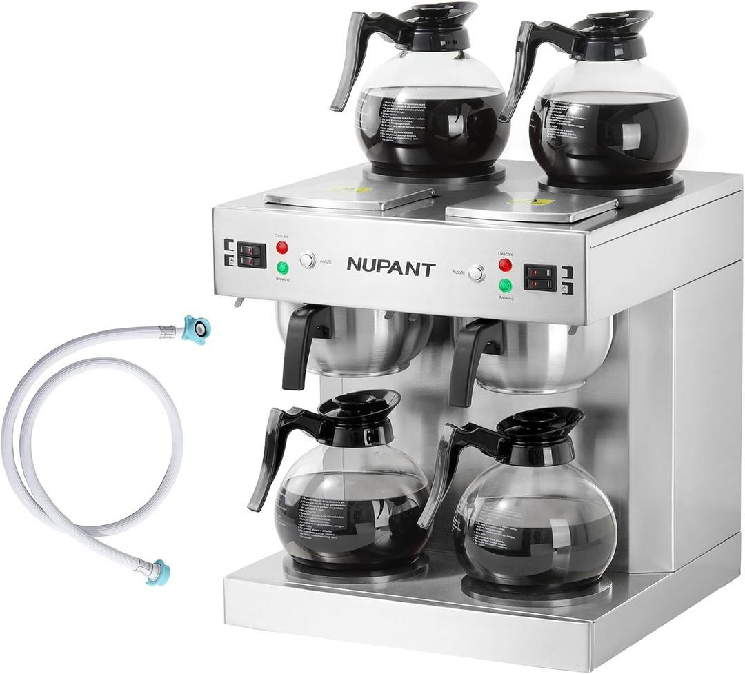 NUPANT Dual Drip Commercial Coffee Maker with Water Line 200 Cup/H 7.2L Auto-Filling Drip Coffee Maker Machine with 4 Carafes & 4 Warmers Stainless Steel Pour over Double Coffee Brewer for Restaurant