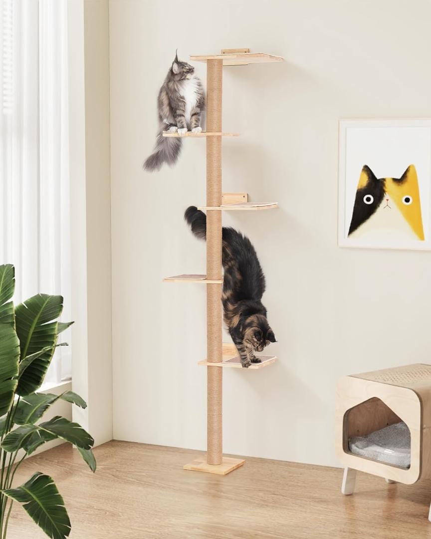 80inch Tall Cat Tree Wall Mount, 15.8in Big Perch Bed for Large Adult Cats, Adjustable Cat Tower Floor to Ceiling for Scratch, Climb, and Lookout
