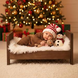 AceOrbit Newborn Photography Bed Props Wooden Vintage Baby Photo Prop Baby Photoshoot Props for Studio Photographers Newborn Photo Sessions Detachable Doll Bed, 16.5 x 11 Inch(Brown)