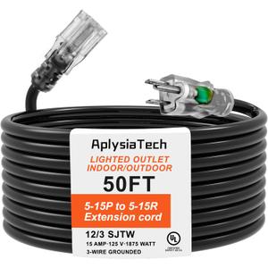50 Foot Black Outdoor Lighted Extension Cord 12/3 SJTW Heavy Duty Outdoor Waterproof Extension Cord with 3 Prong Grounded Plug for EV/RV,Lawn, Garden and Home - UL Listed 5-15P to 5-15R