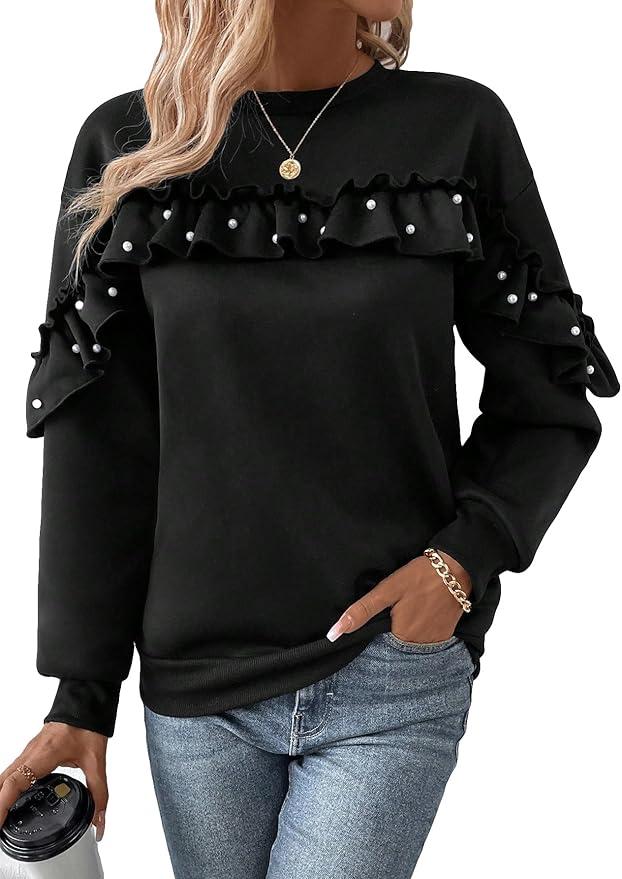 SOLY HUX Sweatshirt for Women Ruffle Trim Pearls Beaded Long Sleeve Pullover Tops Pure Black, Large 
