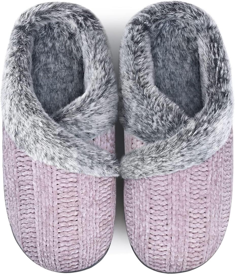 Slippers for Women Fuzzy House Slip on Indoor Outdoor Bedroom Furry Fleece Lined Ladies Comfy Memory Foam Female Home Shoes Anti-Skid Rubber Hard Sole (9-10, 04-light Purple)
