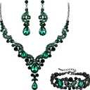 EVER FAITH Rhinestone Crystal Bridal Art Deco Floral Wave Teardrop Necklace Earrings Bracelet Jewelry Set (Green Black-Tone)