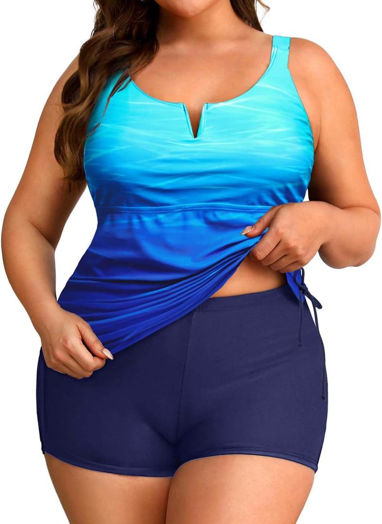Women's Plus Size Tankini Swimsuit - Two Piece Bathing Suit with Shorts 2025 V-Wired Tummy Control Swimwear Blue Gradient Size 16 Plus
