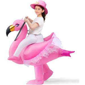 Spooktacular Creations Kids Inflatable Costume, Pink Riding an Elegant Flamingo, Halloween Ride-on Flamingo Costumes, Funny Blow Up Inflatable Suit for Girls, (Pink, M)