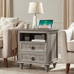 Farmhouse Nightstand with Charging Station, 22" Large End Table with 2 Drawers & Open Shelf, Rustic Wood Square Sofa Side Bedside Table w/4 Solid Wood Feet for Living Room, Bedroom, Light Rustic Oak