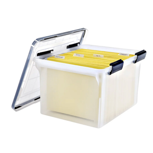IRIS USA File Box WeatherPro File Organizer Plastic File Box for Letter/Legal File, Water Resistant Document Box, Durable Lid, Seal w/ Secure Latching Buckles, Stackable, Nestable, Clear 32 Qt.