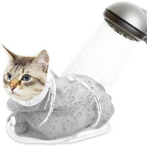 Cat Bathing Bag, Breathable Mesh Anti Scratch Adjustable Cat Grooming Bag for Nail Trimming, Bathing Polyester Soft Cat Washing Bag (White-Gray)