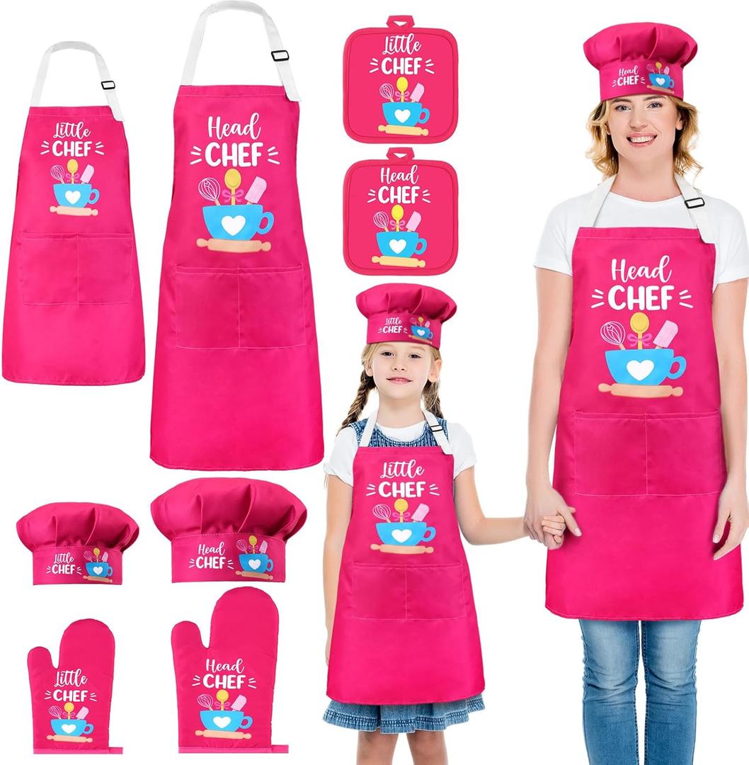 Geyoga 8 Pcs Adults Kids Matching Kitchen Set Mommy and Me Adjustable Kitchen Apron Chef Hat Oven Mitts Pot Holder Parent and Child Matching Party Gift Favors for Winter Cooking Baking Painting