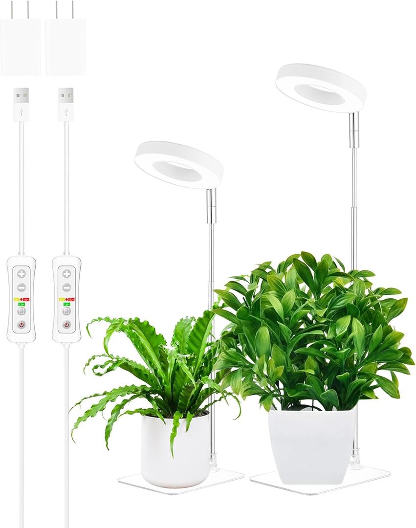 yadoker Halo Plant Grow Light, LED Growing Light Full Spectrum for Indoor Plants,Height Adjustable, Automatic Timer, 5V Low Safe Voltage,Idea for Small Plants (2 Pack, White)