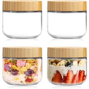 4 Pack 10 oz Overnight Oats Containers with Bamboo Lids, Reusable Glass Food Storage Jars with Airtight Lids, Wide Mouth Mason Jars for Snack Yogurt Fruit Salad