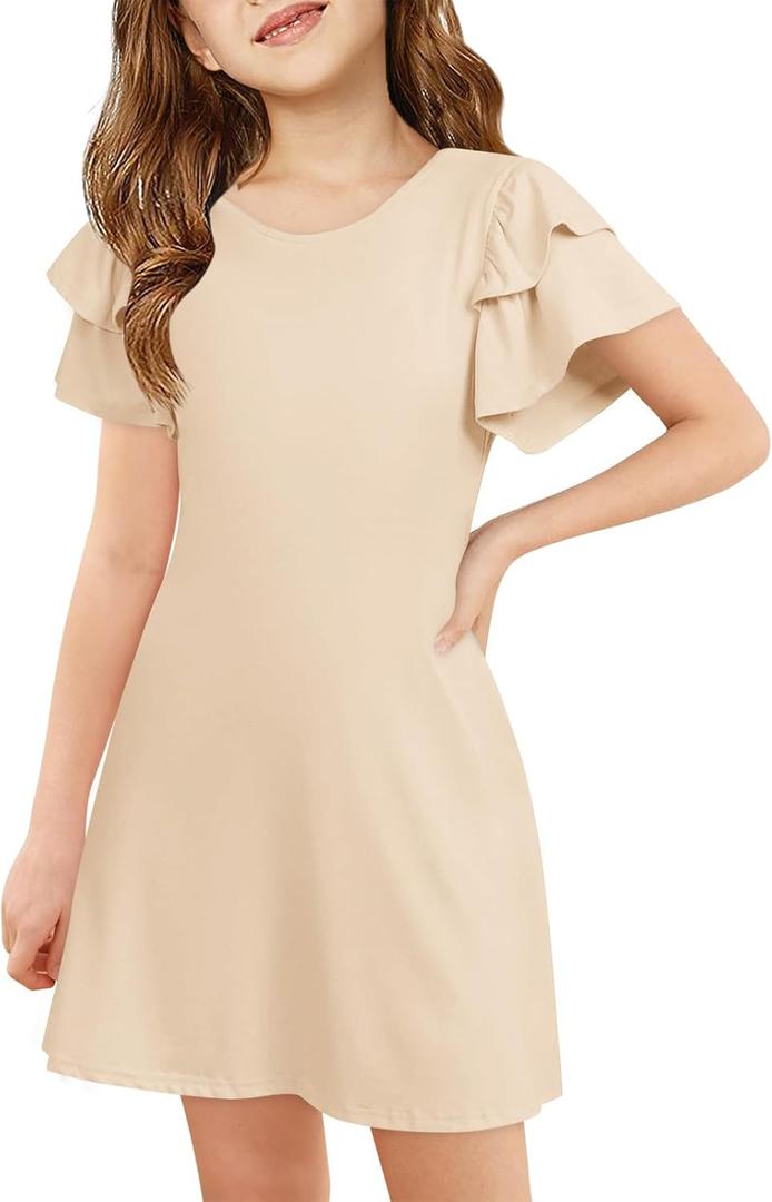 Haloumoning Girls Ruffle Sleeve Dresses Kids Summer Crewneck A Line Casual Dress 5-14 Years (11-12 Years)
