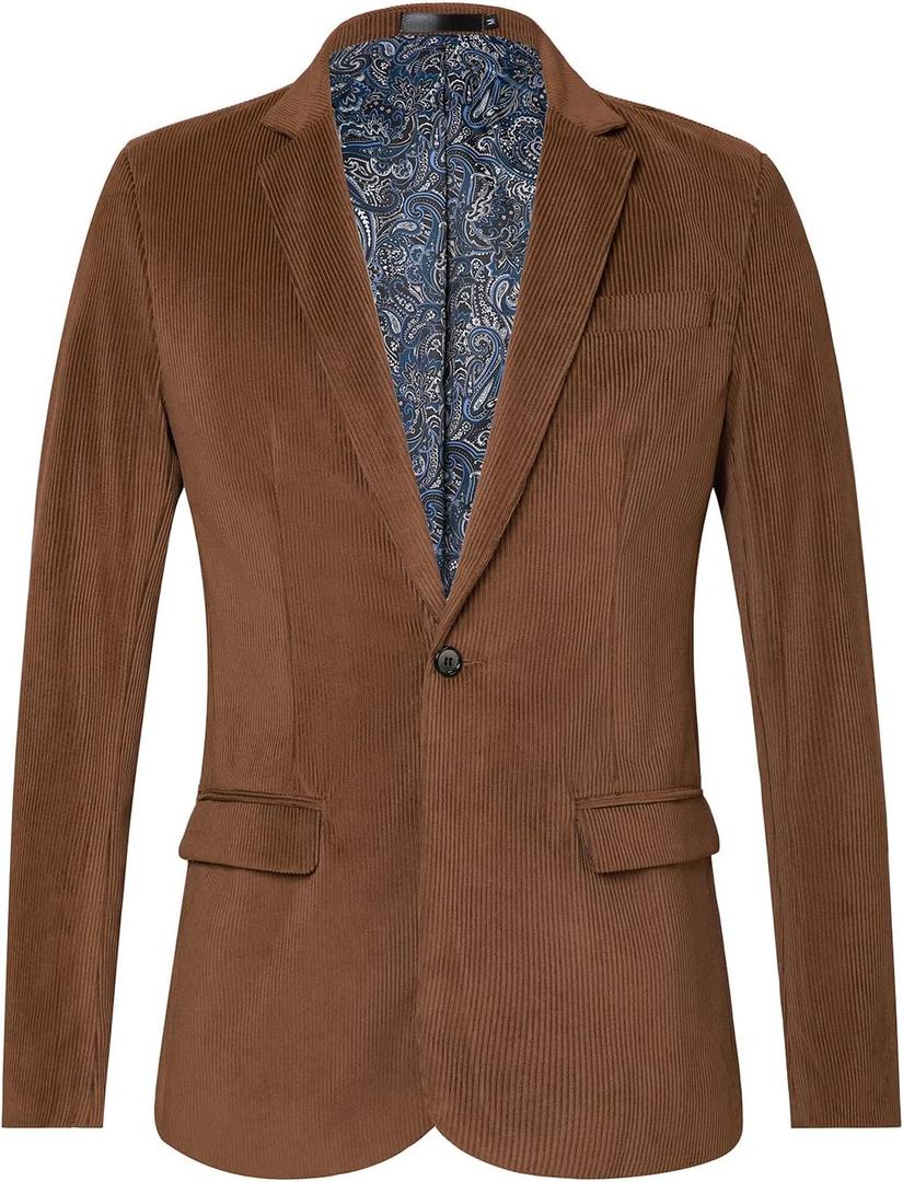 WZIKAI Men's Casual Corduroy Blazer Jacket Slim Fit One Button Work Wear Sport Coat Coffee, XXL