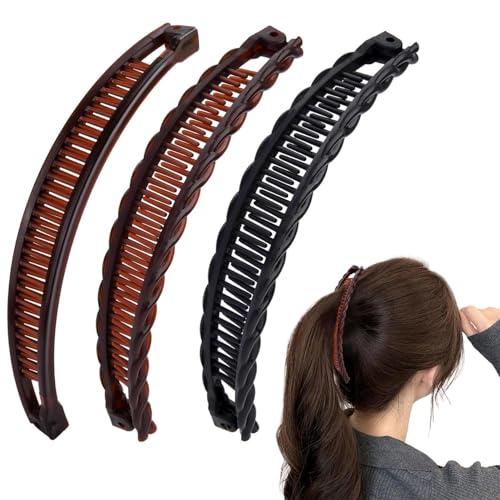 3 Pcs Large Banana Hair Clips for Women, Non-Slip Large Hair Claw Clips, Classic Double Combs Hair Accessories for Thick Thin Fine Straight Curly Long Short Hair- Black & Coffee&Brown