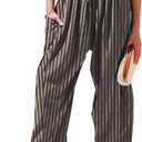 TARSE Womens Linen Wide Leg Pants Casual Loose Drawstring Summer 2026 Beach Travel Vacation Palazzo Harem Pants with Pockets (X-Large, Black Khaki Striped)