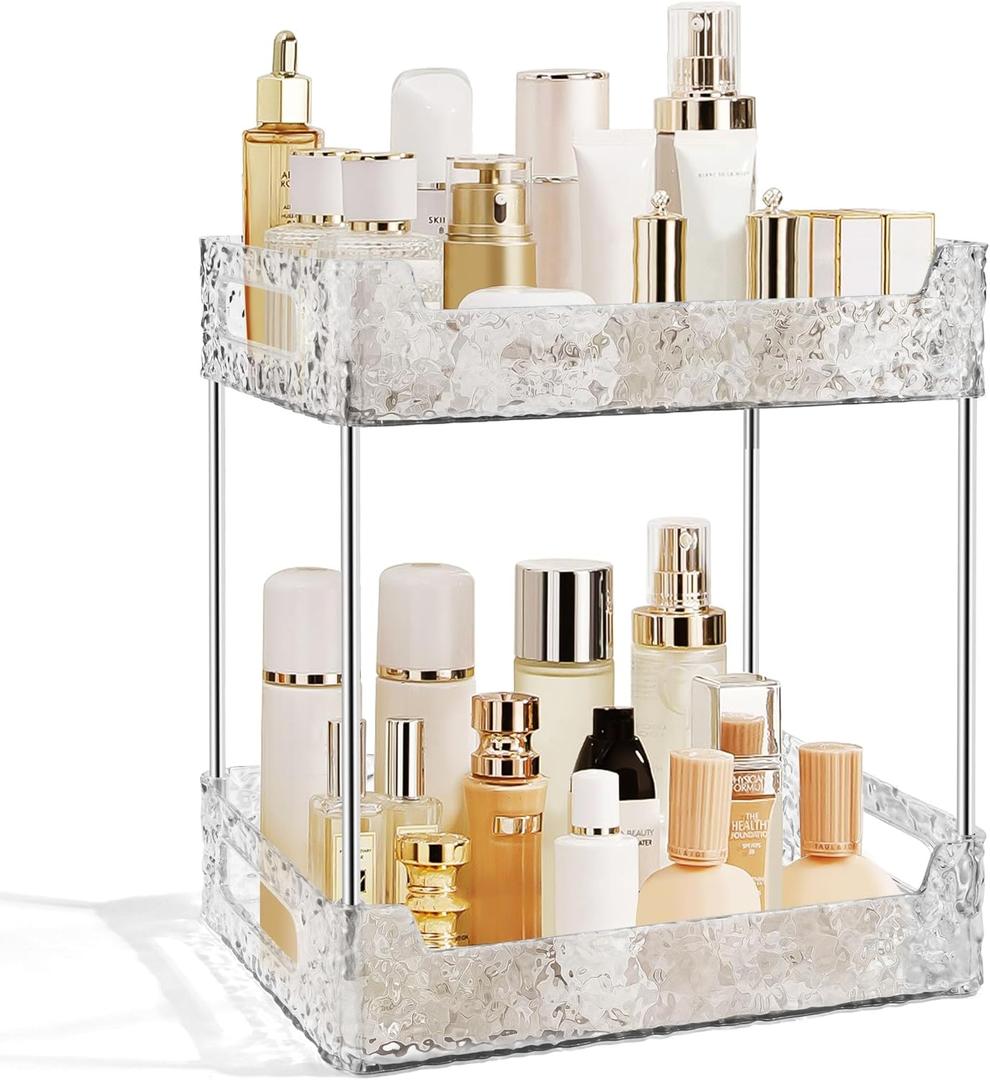 2-Tier Bathroom Counter Organizer Countertop Storage, Dresser Organizer Vanity Tray for Makeup, Perfume Organizer Cosmetics Skincare Shelf - Clear (Clear White)