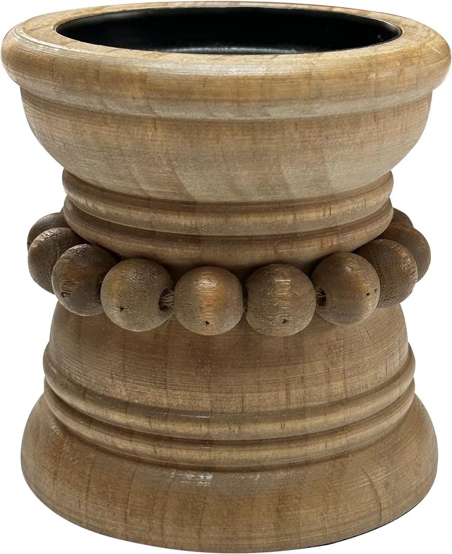 Farmhouse Rustic Wood Pillar Candle Holder for Pillar Candles, Decorative Beaded Candlestick Holder Stand for Home Dcor, Gifts, Wedding (Natural)